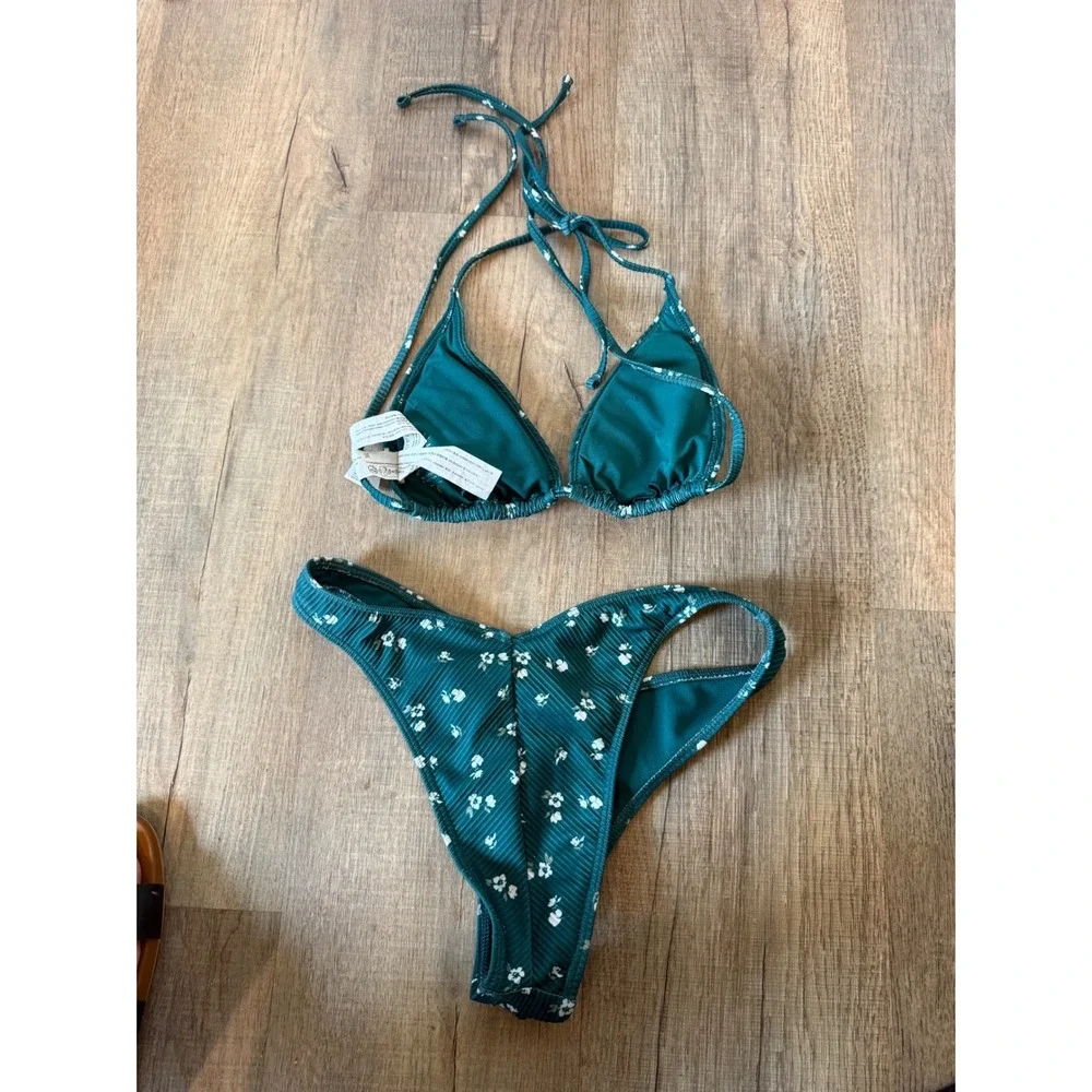 Hollister Swim Teal Floral Ribbed Triangle Bikini Set High Cut V Front Small